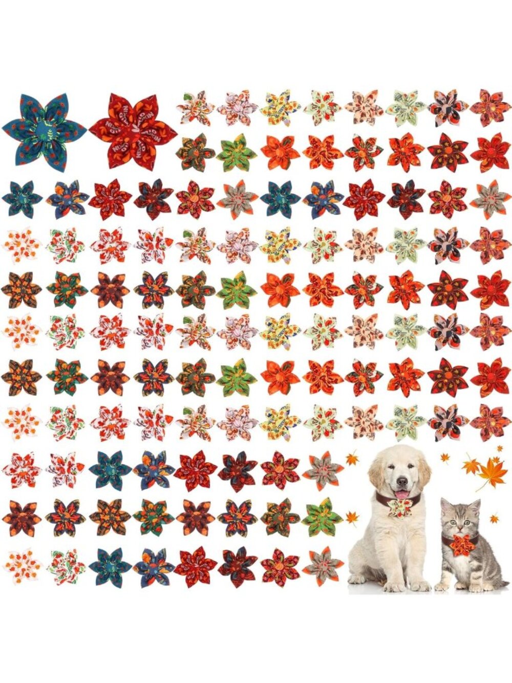 120 Pcs Fall Dog Collar Flowers & Bow Ties - Thanksgiving Pet Accessories for